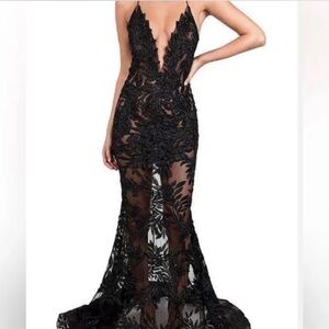 NADINE MERABI Stella Black Backless Lace Dress